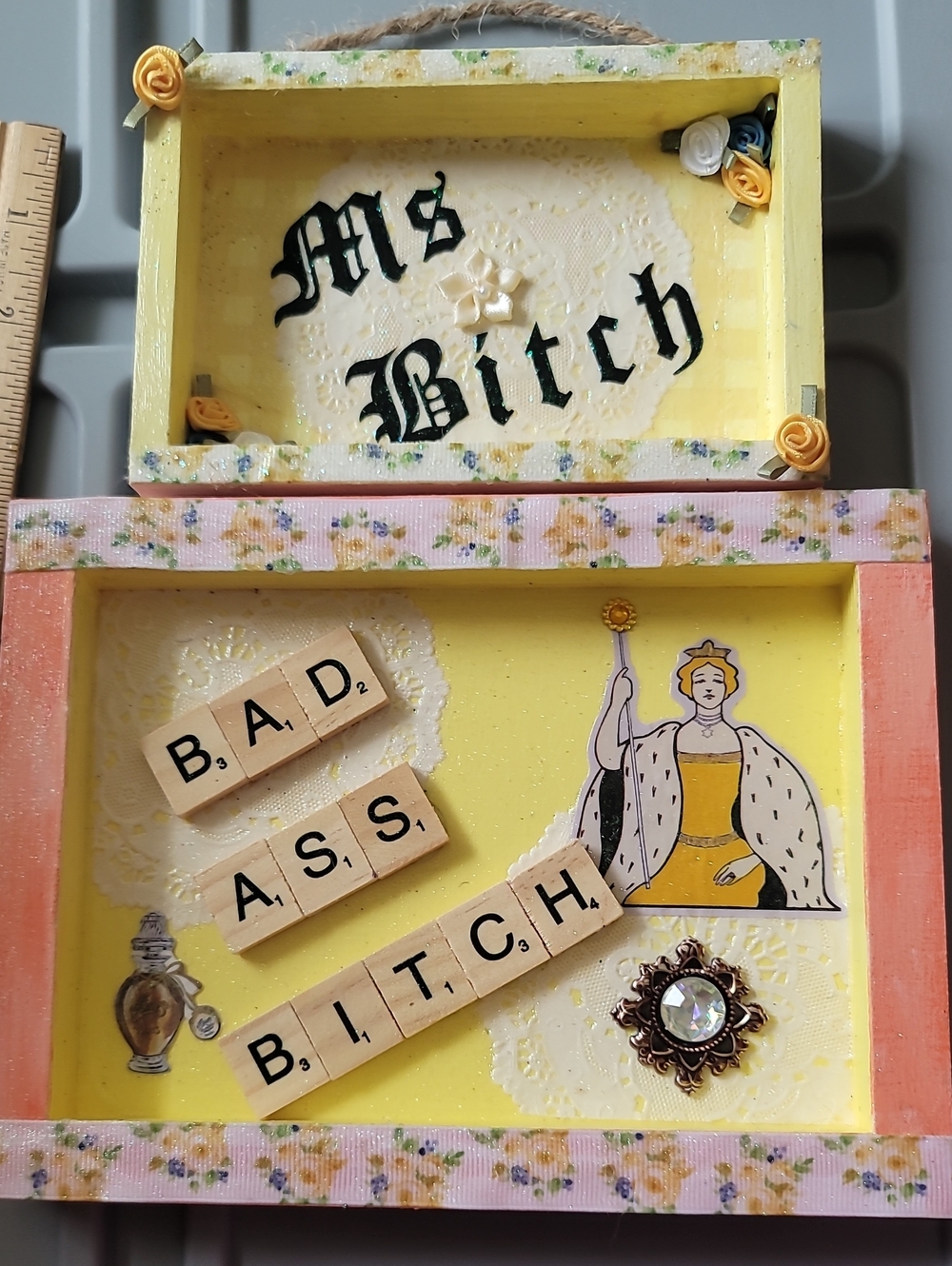 Set Of 2 - Sarcastic Handmade Yellow Decorative Shadow Boxes Wall Decor